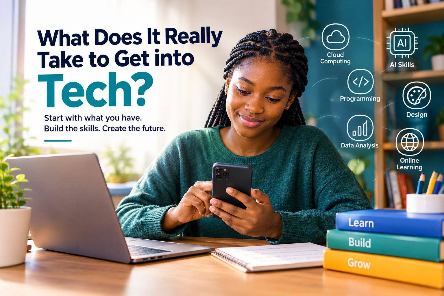 A young woman learns technology using a smartphone and laptop in a modern workspace, surrounded by books and icons representing AI, programming, cloud computing, design, and data analysis.