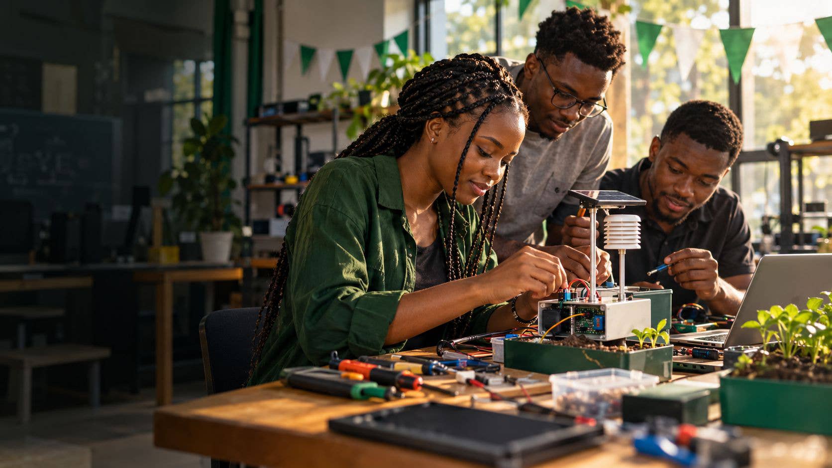 An imagined scene of Nigerian innovators developing a practical solution, a picture of the talent and hands-on learning our future depends upon.