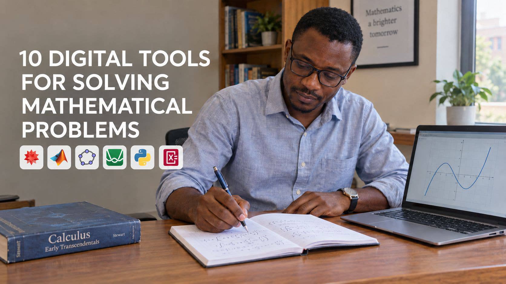 Mathematics lecturer solving equations in a notebook beside a laptop, with logos of digital mathematics tools displayed under the article title.