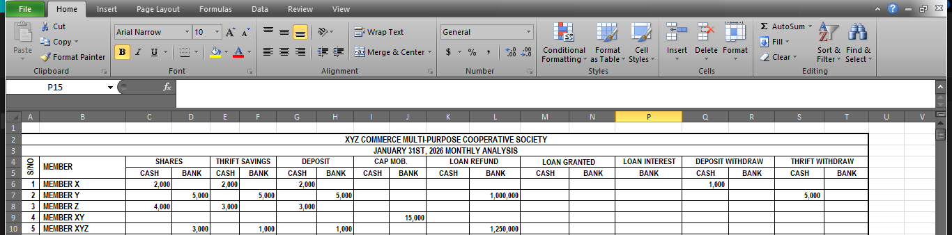 Monthly account sheet showing CASH and BANK sub-rows for each member