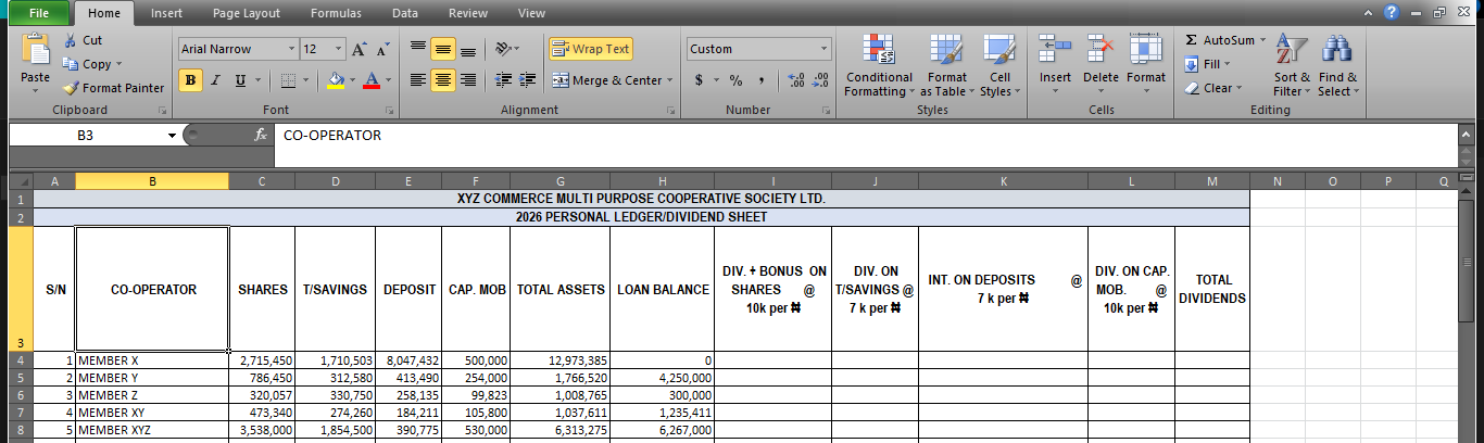 Personal ledger showing year-end totals for all members